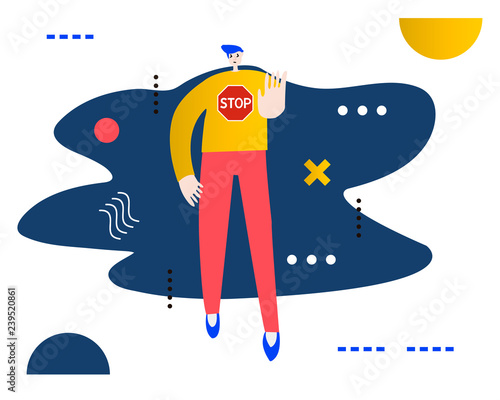 Man gesturing stop sign.Creative vector illustration made in abstract composition