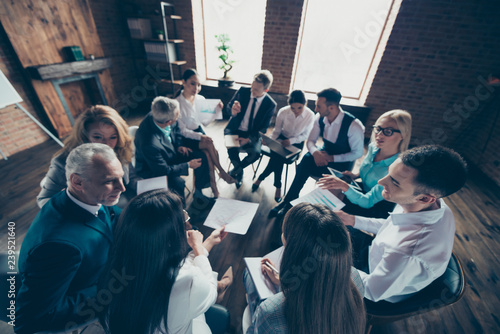 Above high angle view of circle nice lovely beautiful elegant classy chic professional business people talking speaking discussing company management problems solution at workplace station