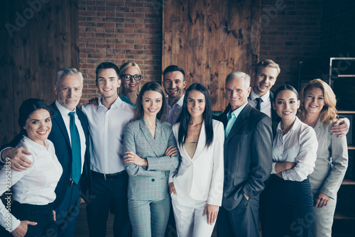 Portrait of nice cheerful elegant classy stylish trendy professional diverse business people sharks gathering international company founders at workplace station wood loft interior photo