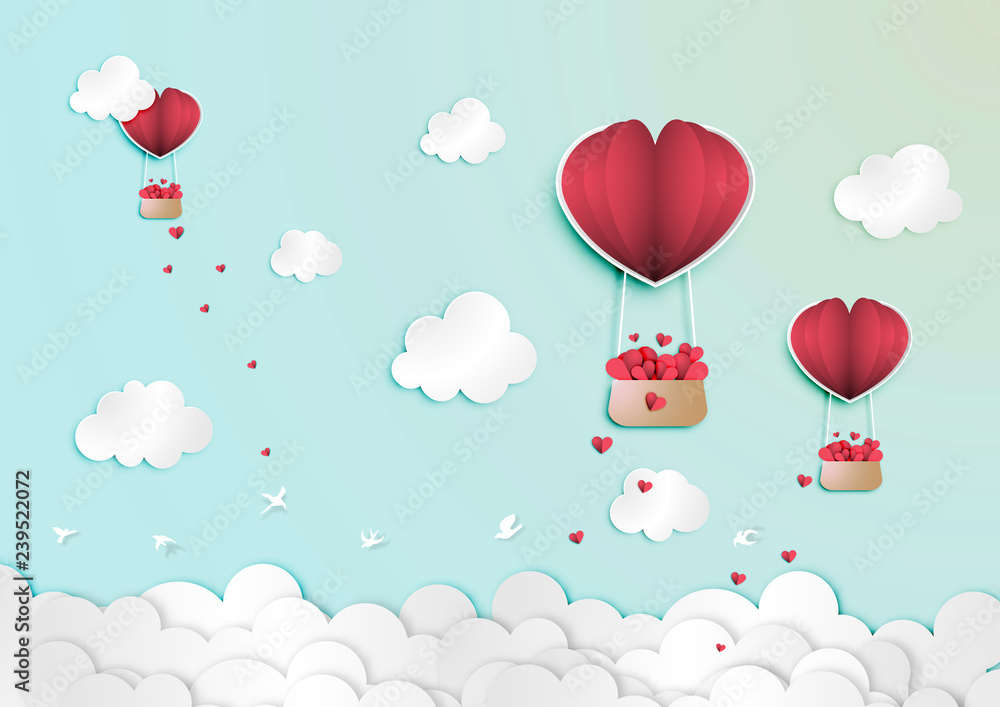 Paper art of Valentine Day Festival with Red Paper heart in Paper Balloon Heart Shape Basket on The Blue Sky vector