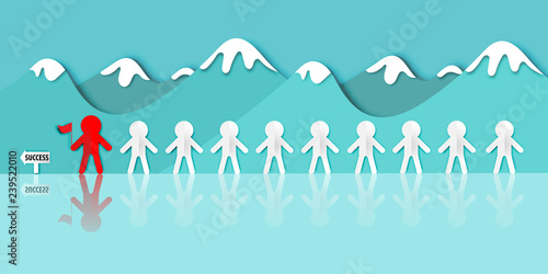 Paper Art of Leadership concept with  paper doll and snow mountain vector