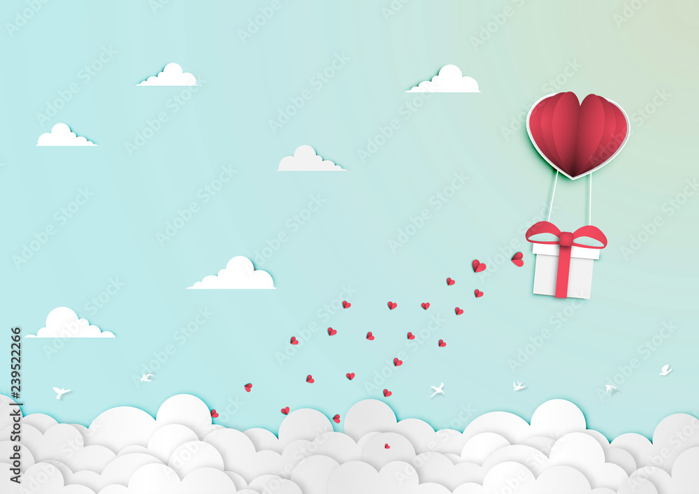 Paper art of valentine day festival with gift box in paper balloon heart shape on the blue sky background vector