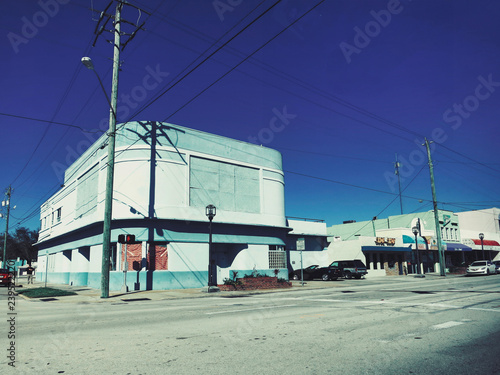 The street under a blue sky.