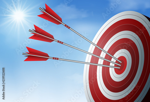red three arrows darts in target circle. business success goal. on background sky and sun. creative idea. leadership. cartoon vector illustration