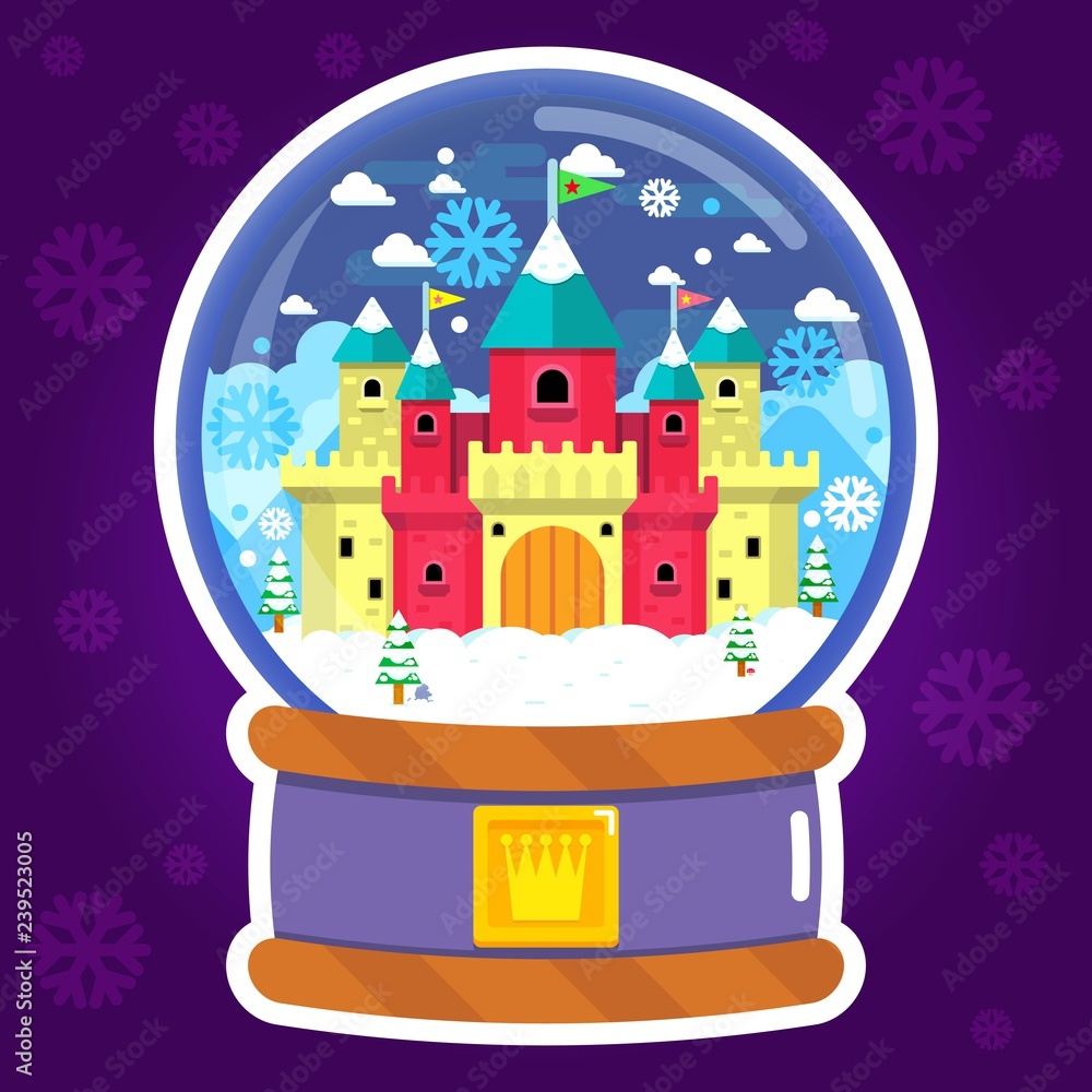 Fairy tale Castle in Snow Glass Globe in Winter Season, Snowfall and Snowflakes.