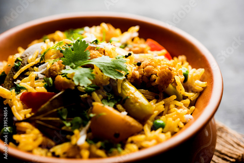 Masala Rice or masale bhat - is a spicy vegetable fried rice / biryani or Pulav usually made during wedding occassions in maharashtra, India photo