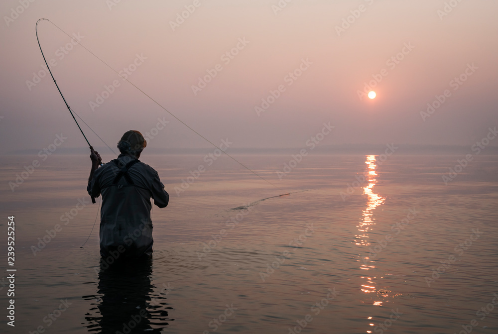 Rear view of man fly fishing in sea during sunset Rear view of man fly fishing in sea during sunset