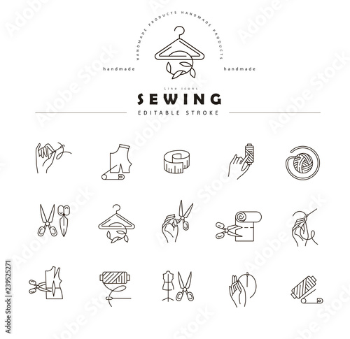 Vector icon and logo sewing and handmade. Editable outline stroke size. Line flat contour, thin and linear design. Simple icons. Concept illustration. Sign, symbol, element.