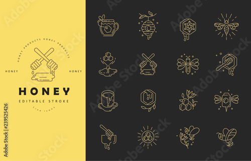 Vector icon and logo honey. Editable outline stroke size. Line flat contour, thin and linear design. Simple icons. Concept illustration. Sign, symbol, element.