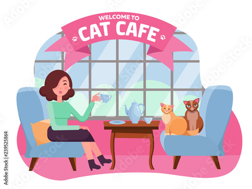 Interior of cat cafe with large window, woman and two Kitties in comfortable armchairs. Girl and cat Tea party. Spending time with pet. Ribbon with Text. Flat cartoon vector illustration pink colors