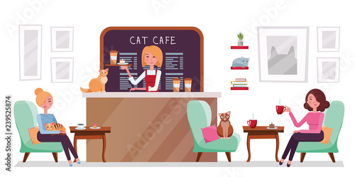 Cat cafe shop, people relaxing with kitties. Place interior to meet, drink and eat, chat, have a rest with pets, barista girl with tray with cake and coffee. Vector flat style cartoon illustration