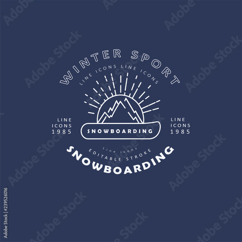 Vector icon and logo for snowboarding and skiing or other winter sports. Editable outline stroke size. Line flat contour, thin and linear design. Simple icons. Concept illustration. Sign, symbol
