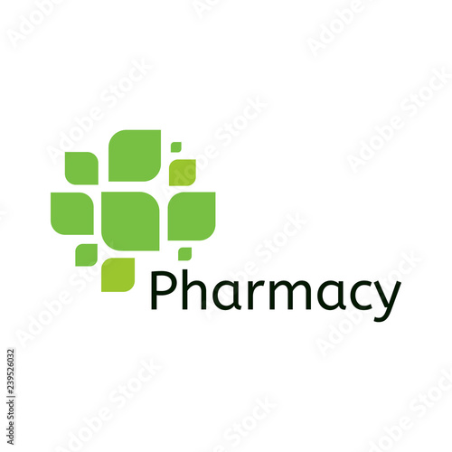Cross leaf icon. Pharmacy logo template. Medical symbol. Natural product emblem. Vegetable based label. Cosmetic sign.