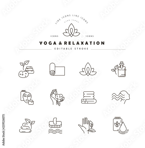 Vector icon and logo for yoga or relaxation. Editable outline stroke size. Line flat contour, thin and linear design. Simple icons. Concept illustration. Sign, symbol, element.