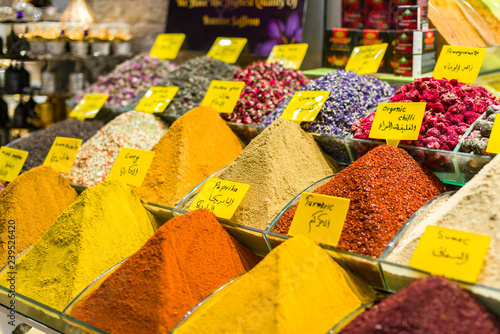Spices and seasonings on display outside a shop in the Grand Bazaar, Istanbul, Turkey photo