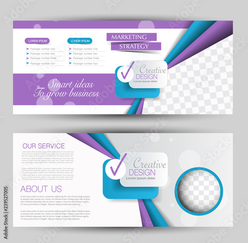 Flyer banner or web header template set. Vector illustration promotion design background. Blue and purple color.
