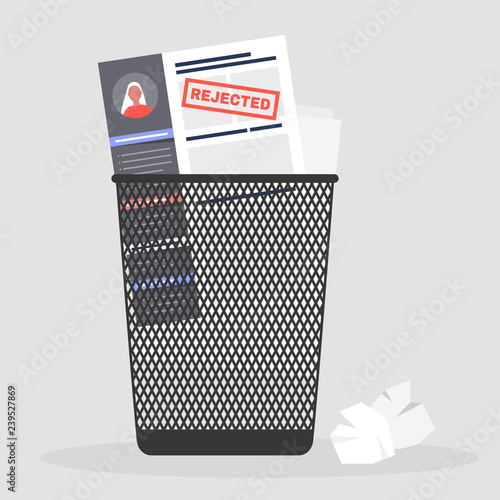 Applying for a job. Rejected. Failure. Sexism at work. Experience and skills. CV in a trash bin. Curriculum vitae / flat editable vector illustration, clip art