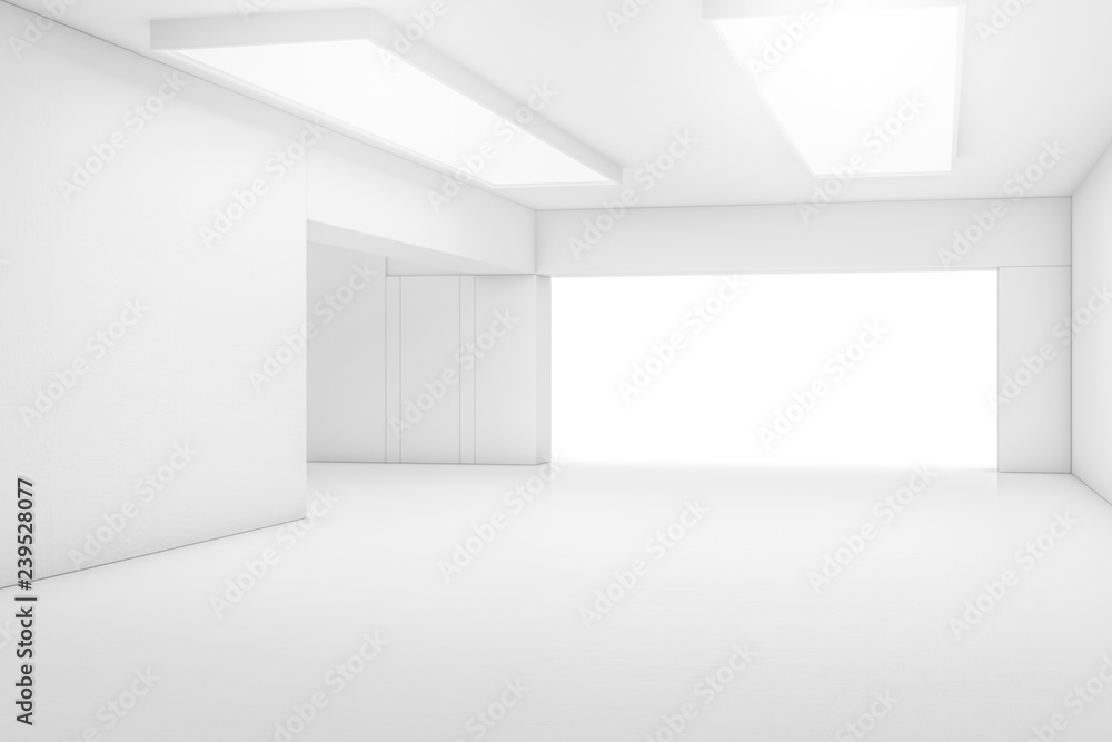 Empty abstract white room with the gate and glowing light. Interior concept background. 3d illustration Empty abstract white room with the gate and glowing light. Interior concept background. 3d illustration