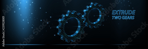 Abstract vector wireframe extruded two gears from lines and triangles, point connecting network on dark background. Illustration vector.
