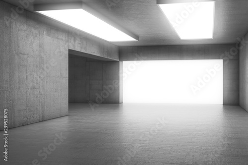 Empty abstract concrete room with the gate and glowing light. Interior concept background. 3d illustration