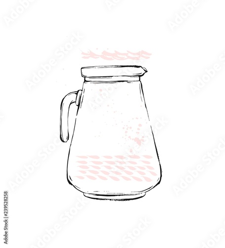 Hand drawn vector graphic Kitchen glassware utensils pitcher glasses bowel drinking accessories brush drawing isolated on white background with pastel colored freehand textures.Kitchen interior icon