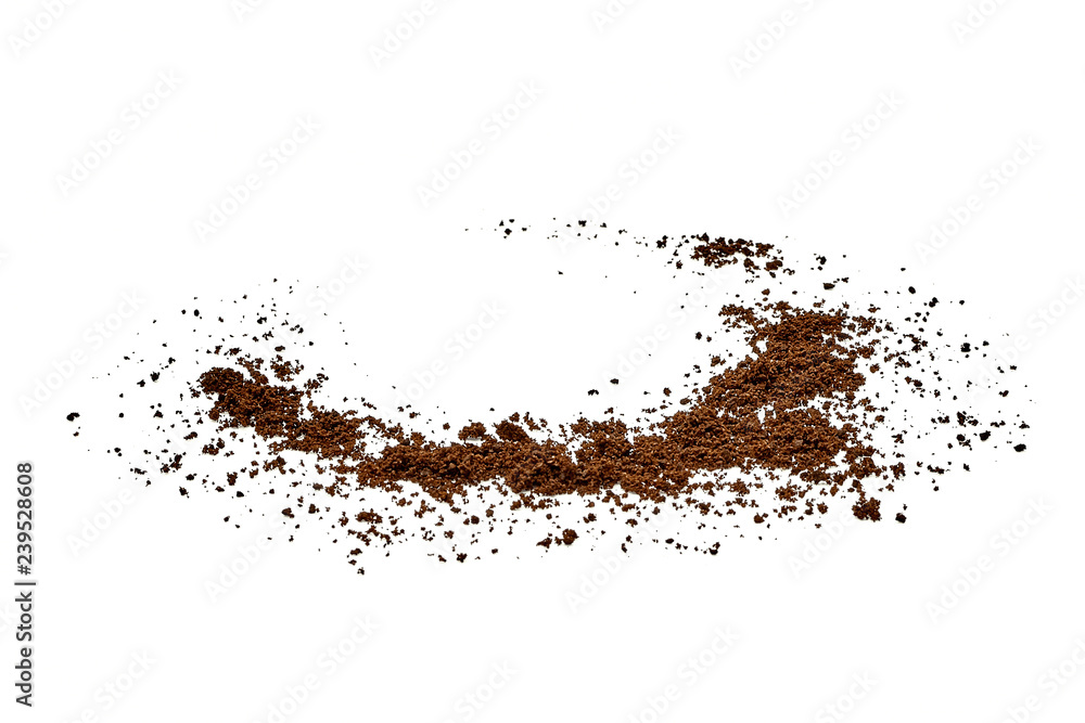 Spilled grinded coffee powder with coffee cup space isolated on white background