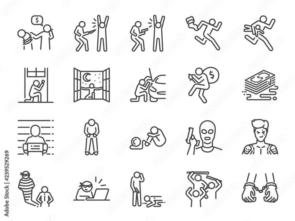 Fototapeta premium Criminal line icon set. Included the icons as outlaw, crime, homicide, arrest, prisoner and more.