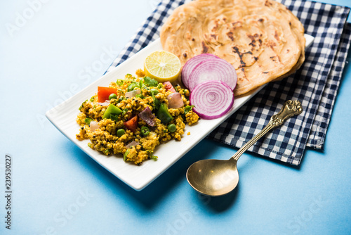 Paneer Bhurji  mildly spiced cottage cheese scramble and served with roti or laccha paratha  selective focus