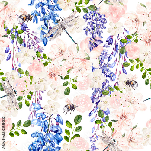 Beautiful watercolor pattern with wisteria and spring flowers.