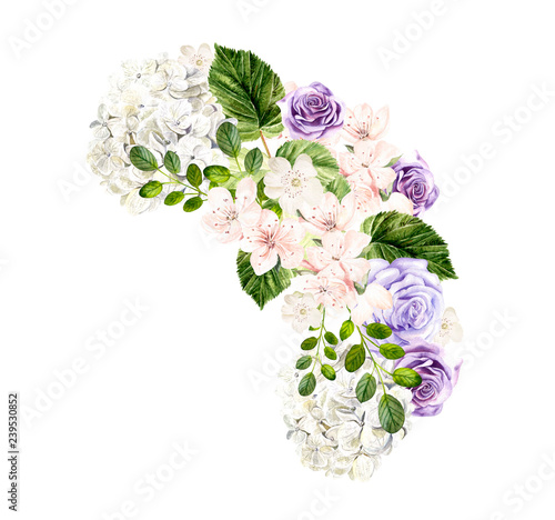 Beautiful watercolor bouquet with spring flowers, roses and hudrangea.
