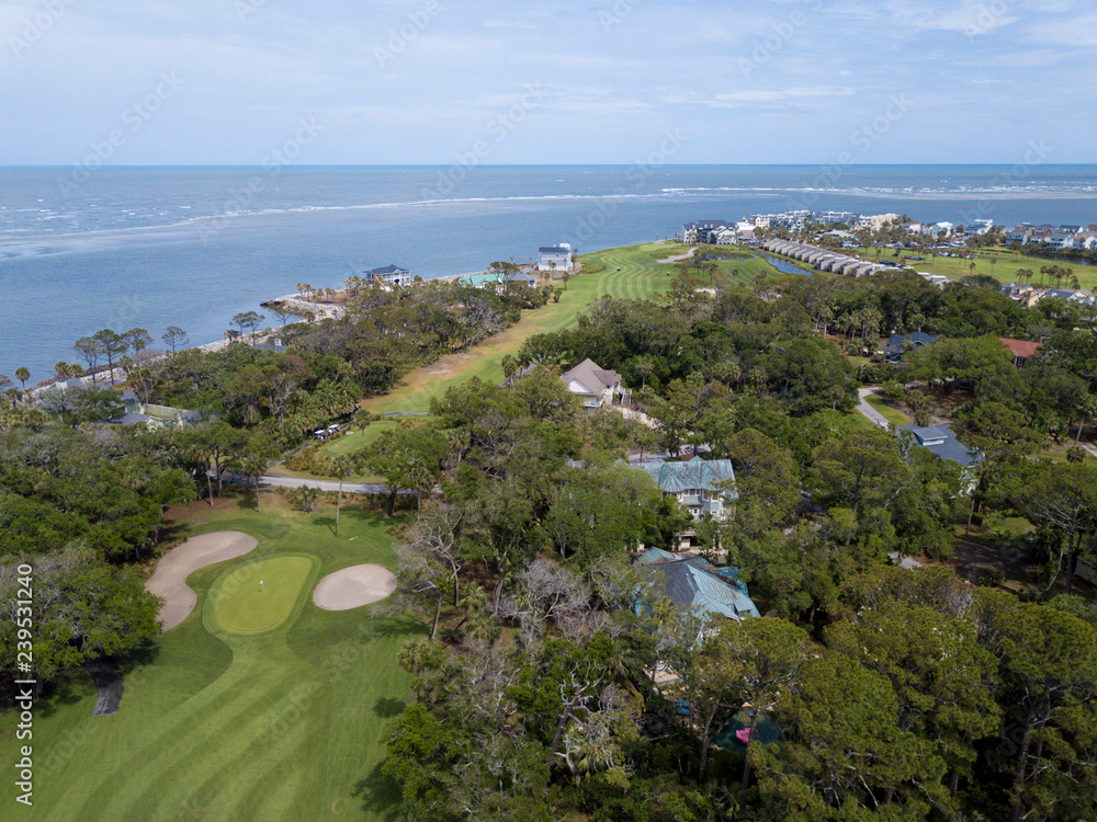 Homes along the golf course and the Atlantic Ocean in South Carolina, USA.