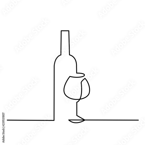 Wine glass outline vector icon. Continuous one line drawn a bottle of wine and a glass.