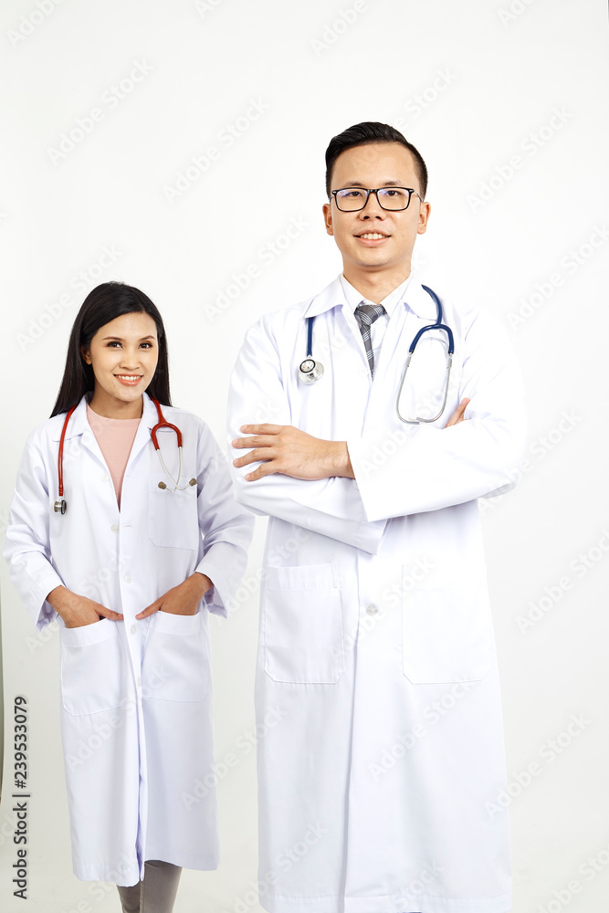 Medical workers on wall background Medical workers on wall background