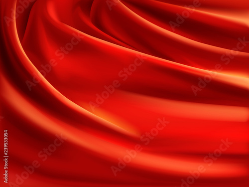 Wavy red satin, soft silk fabric with folds 3d realistic vector illustration. Luxury atlas or satin material texture. Crumpled with creases textile curtain or drapery. Fashion abstract background