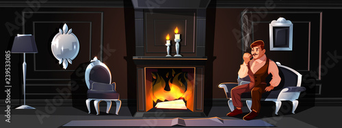 Classic victorian or provence interior cartoon vector with retro furniture and elegant gentleman sitting on couch or sofa near home fireplace and smoking tobacco pipe at light of candles illustration.