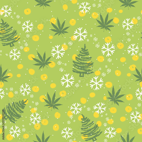 Christmas Weed Leaf and Snowflakes. Holiday Happy Background. Vector