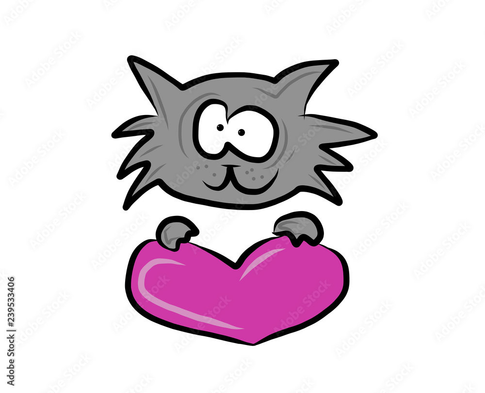 Obraz premium Gray cat with pink heart shape - digital painting isolated on white background