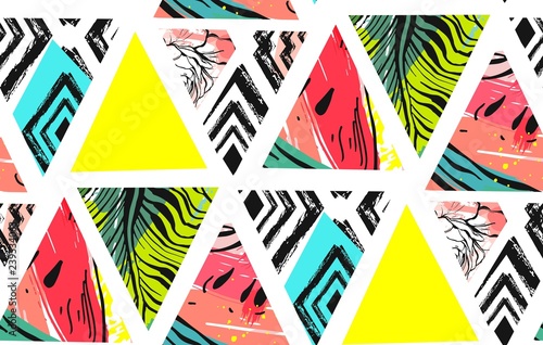 Hand drawn vector abstract unusual summer time decoration collage seamless pattern with watermelon,aztec and tropical palm leaves motif isolated on white background