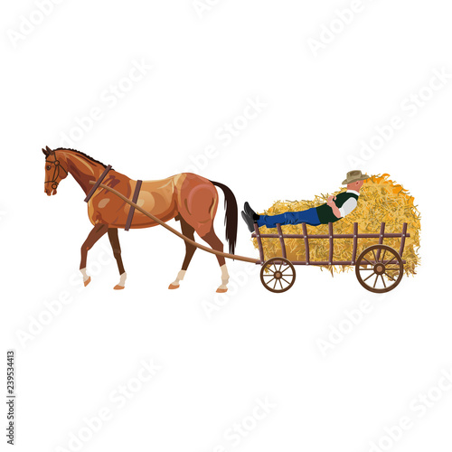 Horse with cart of hay.