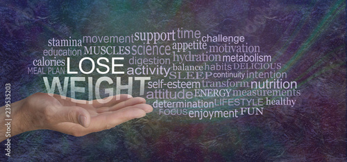 LOSE WEIGHT for MEN - male open palm hand with the words LOSE WEIGHT floating above surrounded by a relevant word cloud against a rustic dark multicolored stone background 