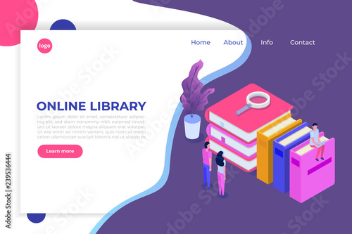 Online digital library isometric, online book shop, e-learning, eBook. Vector illustration.