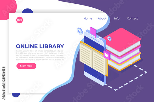 Online digital library isometric, online book shop, e-learning, eBook. Vector illustration.