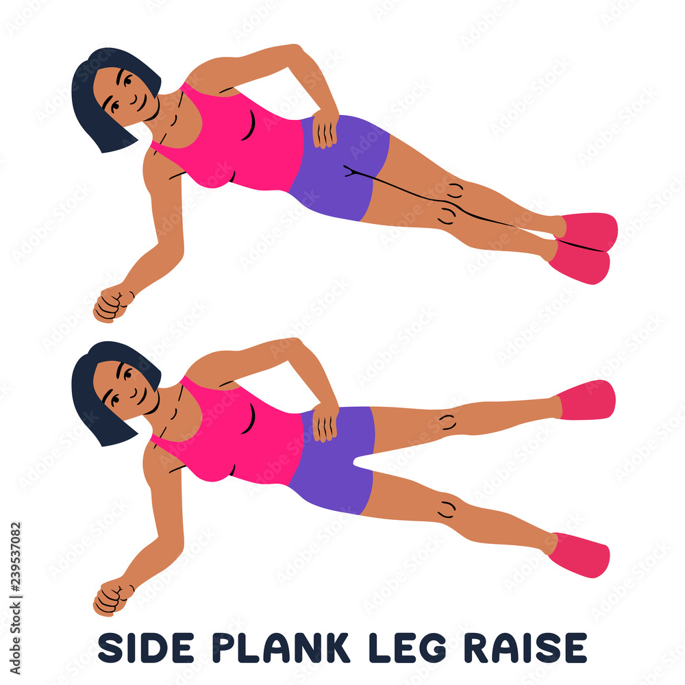 Side plank leg raise. Sport exersice. Silhouettes of woman doing