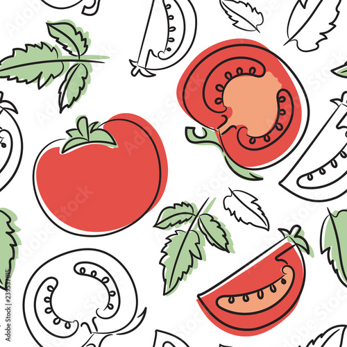 Tomato seamless pattern. Hand drawn fresh vegetables. Vector sketch background. Doodle wallpaper. Red and green print