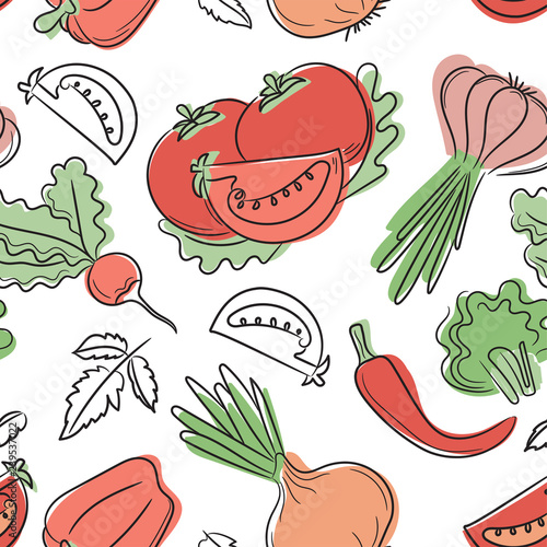 Vegetables seamless pattern. Hand drawn fresh tomato, pepper, radish, onion, garlic, paprika and broccoli. Vector sketch background. Doodle wallpaper. Red and green print