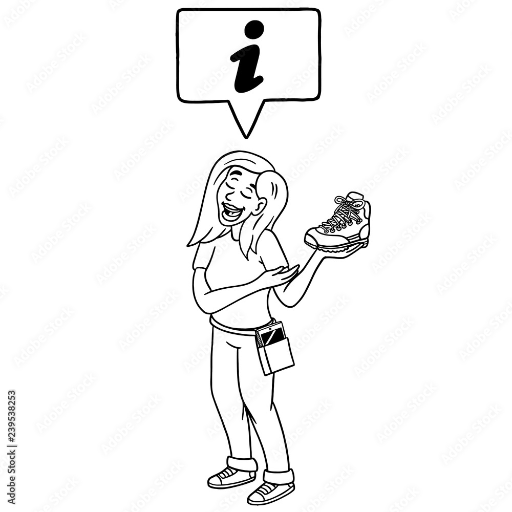 Hand-drawn shoes saleswoman who passionately advises on mountain boots and informs. advice, vector, outline, comic, isolated.