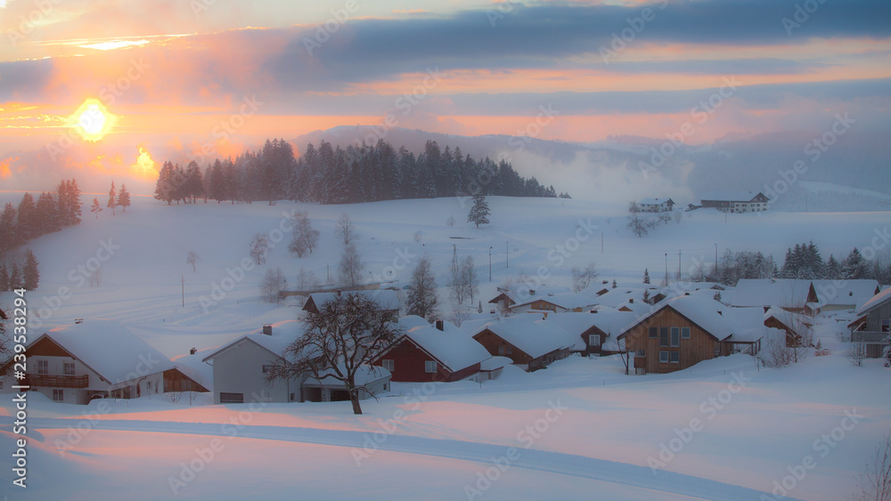 winter landscape in the village of Sulzberg, Bregenzer Wald, Vorarlberg, Austria