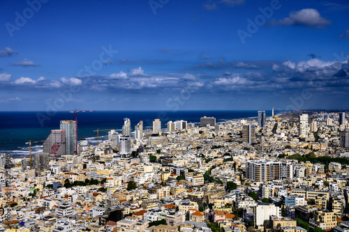 Aerial  view of old Tel Aviv buildings over Mediterranean sea. photo