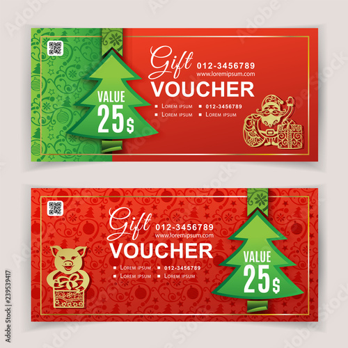 Christmas voucher for business. Green red background for department stores, business. Portrait of Santa Claus and Pig