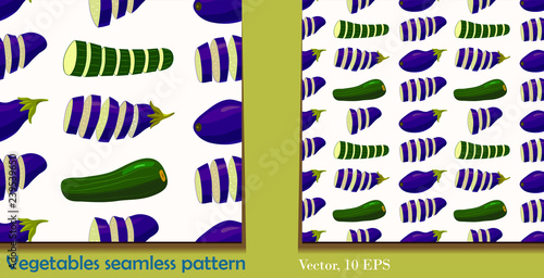Vegetable seamless pattern. plant-based food colorful vector ornament. raw eggplant and zucchini. Vegetarian or vegan kitchen, low calorie diet. Green and purple colors. Vector 10 eps